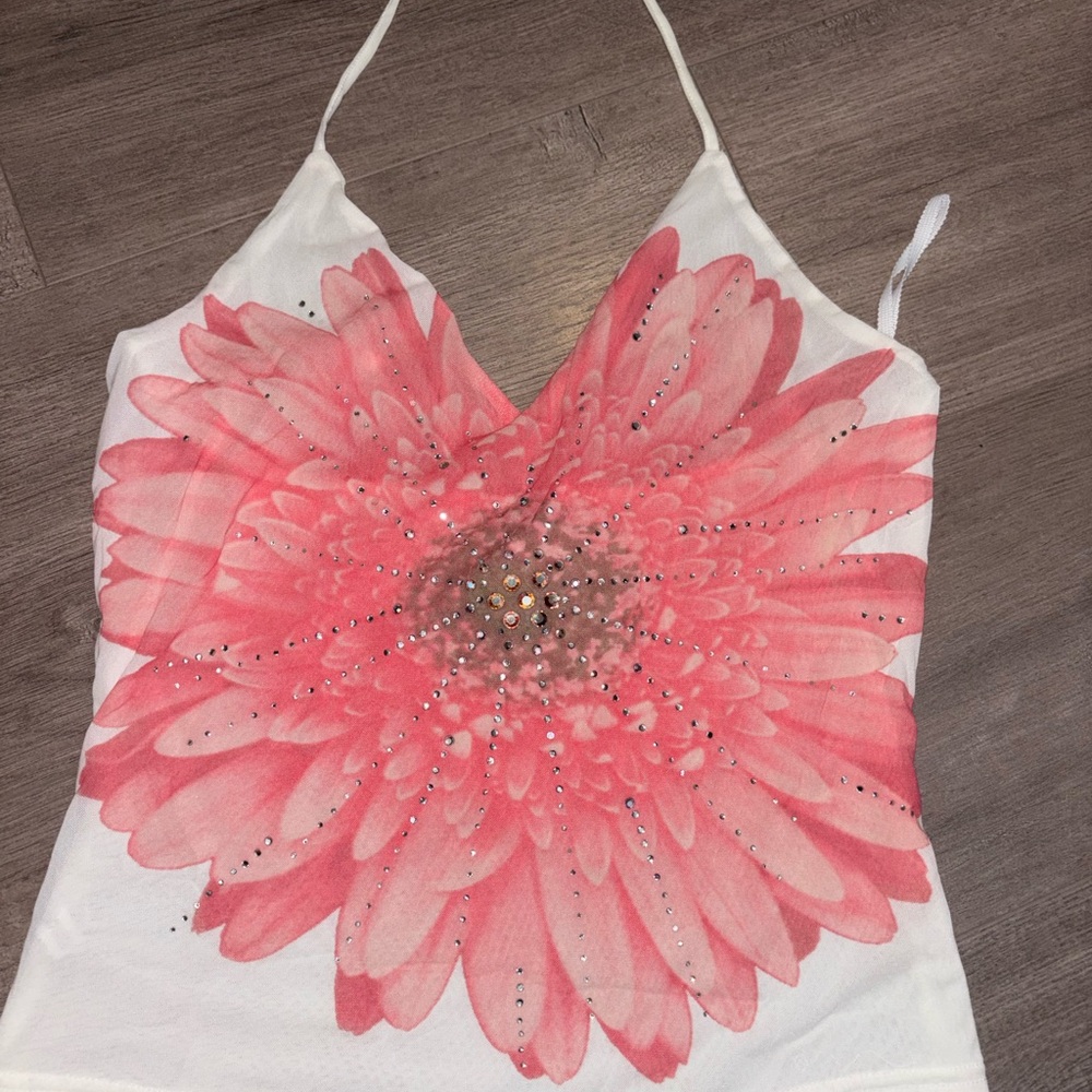 Brandy Melville White Halter Tank with Pink Floral Rhinestone Design